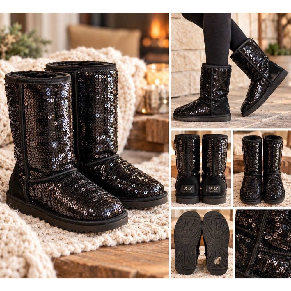 UGG Classic Short Black Sequin Boots Women Sparkle Y2K Winter Size 7